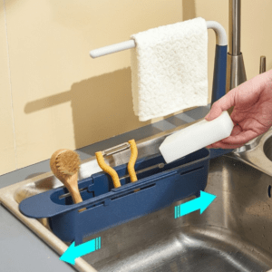 2-in-1 Expandable Sink Caddy Organizer: Telescopic Storage Rack with Removable Towel Bar and Sponge Holder