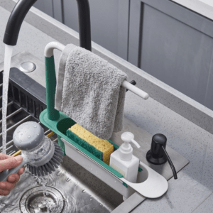 2-in-1 Expandable Sink Caddy Organizer: Telescopic Storage Rack with Removable Towel Bar and Sponge Holder