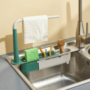 2-in-1 Expandable Sink Caddy Organizer: Telescopic Storage Rack with Removable Towel Bar and Sponge Holder